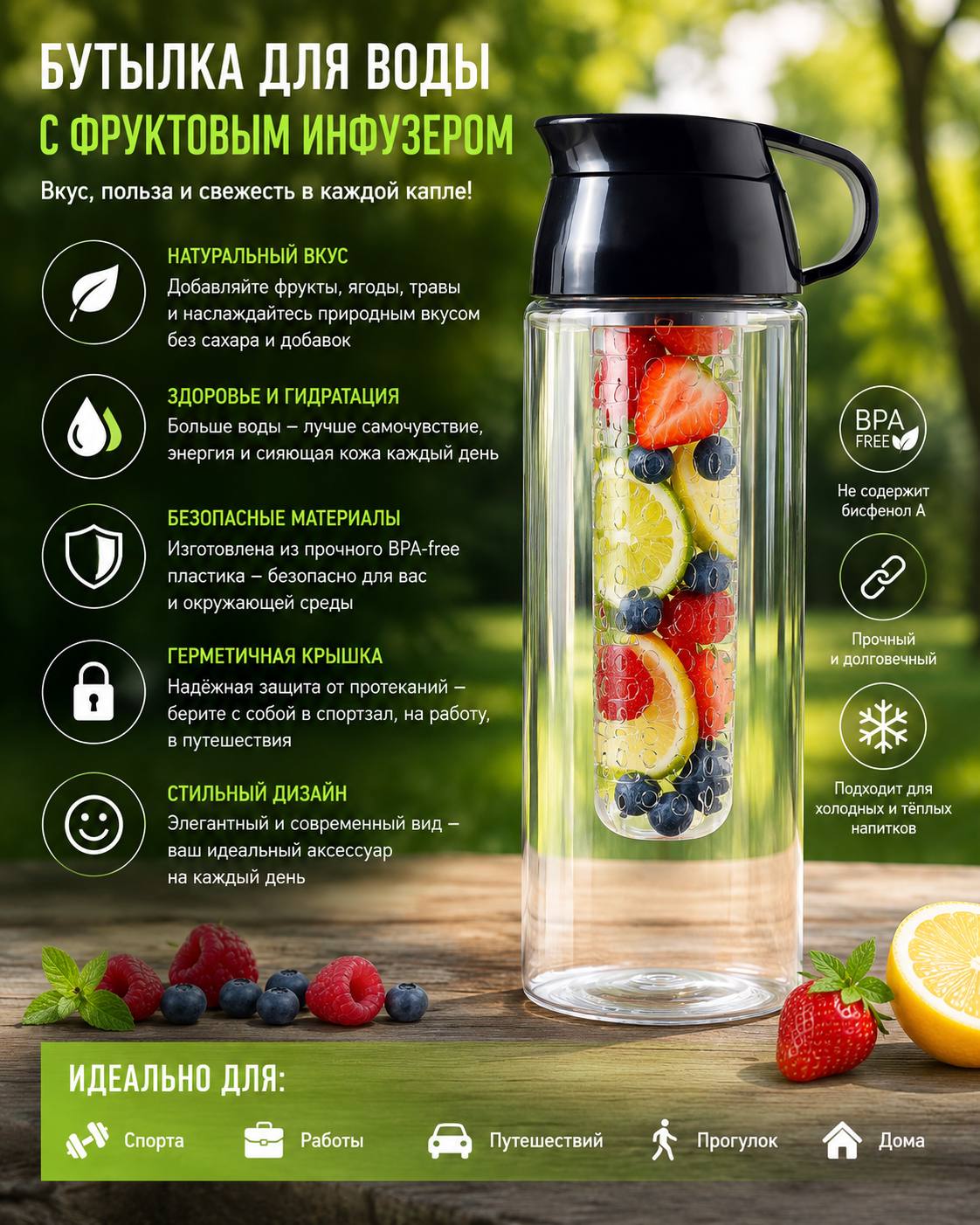 Бутылка для воды с дефузером для фруктов