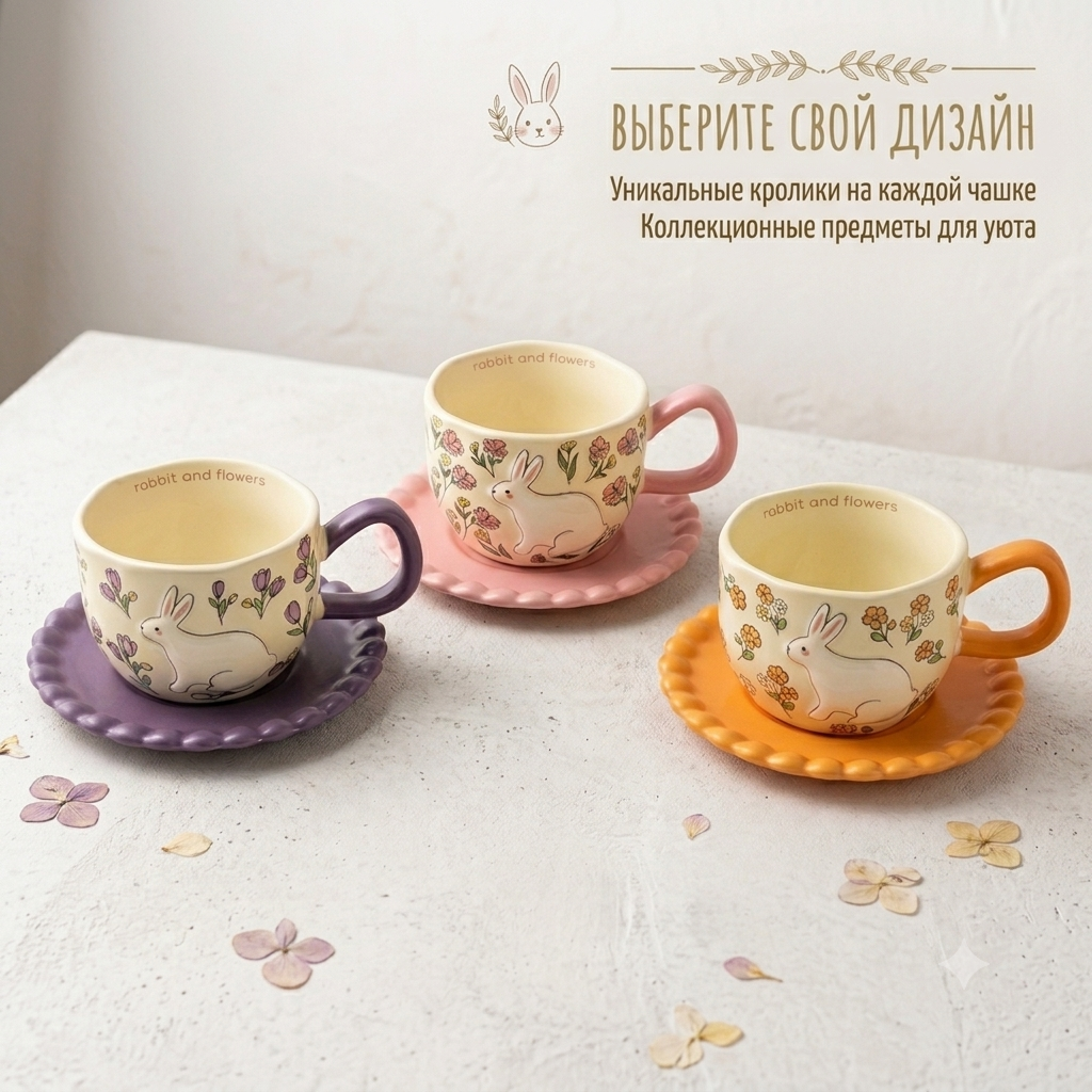 Керамическая чашка с блюдцем «Rabbit and Flowers»